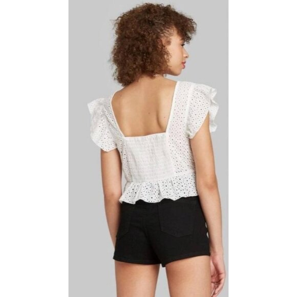 Women's Flutter Short Sleeve Eyelet White Crop Top With Ruffle Hem Size Large - Picture 3 of 5